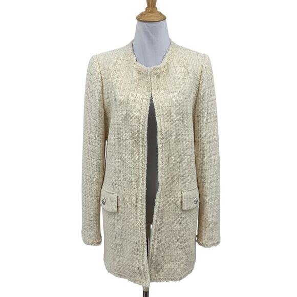 MNG Jacket Womens S Small Cream Metallic Shoulder Pads Tweed LongLine Open Front - Picture 1 of 13